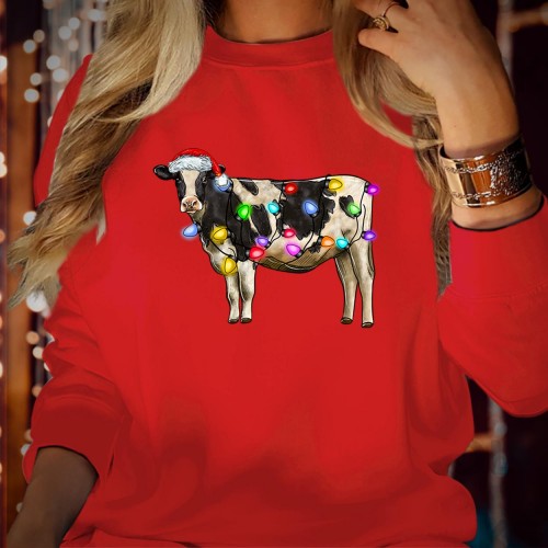 Christmas Heifer Santa Hat Sweatshirt, Cow Lovers Xmas Jumper, Western Farm Animal Graphic Crewneck Winter Pullover Country Novelty Gift Sweater