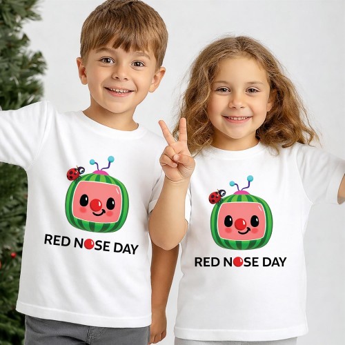 Cocomelon Red Nose Day T-Shirt, Official Comic Relief T Shirt & Tops, JJ Watermelon Charity Clothing, Kids & Childrens Red Nose Day Tee