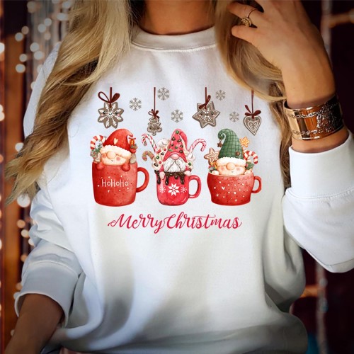 Merry Christmas Gnomes Coffee Sweatshirt, Cute Cocoa Mug Holiday Jumper, Festive Tomte Graphic Crewneck Xmas Pullover Novelty Cafe Lover Gift