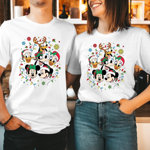 Magical Mouse Friends Christmas T-Shirt, Disney Retro Cartoon Holiday Tee, Matching Couples Family Xmas Tops, Christmas Gift Ideas Secret Santa