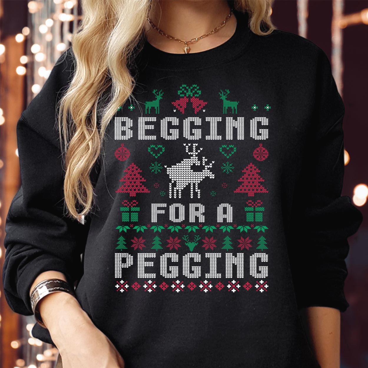 Begging For A Pegging Ugly Christmas Sweatshirt, Naughty Xmas Humor Couple Jumper, Funny Cross Stitch Gag Gift for Him Her Sweater