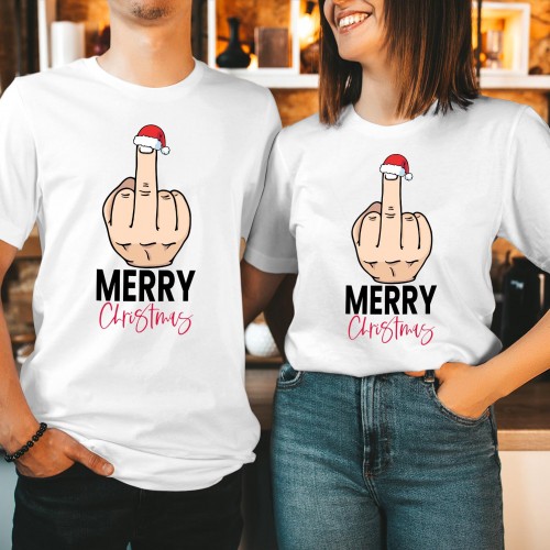 Middle Finger Merry Christmas T-Shirt, Rude Santa Hat Hand Gesture Tee, Sarcastic Adult Humor Matching Family Outfits Winter Graphic Xmas Top