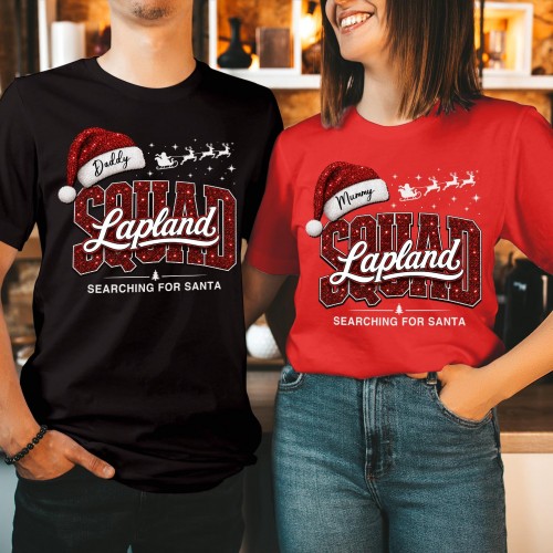 Personalised Lapland Squad Family Matching Christmas Shirt, Custom Red Glitter Print Block Lettering Santa Holiday Xmas T-Shirts