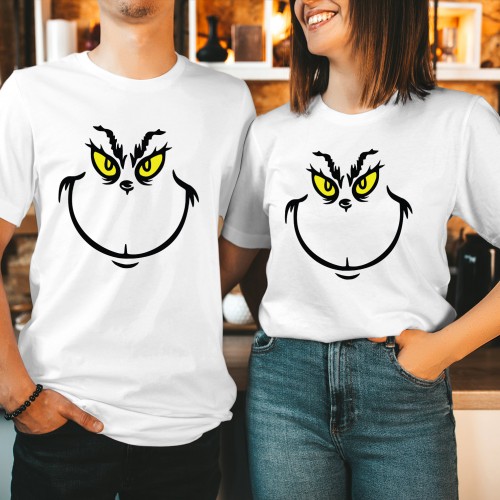 Funny Green Holiday Villain Face T Shirt, Whimsical Christmas Grouch Graphic Tee, Sarcastic Smirk Winter Tops, Matching Couples Xmas Gift Present