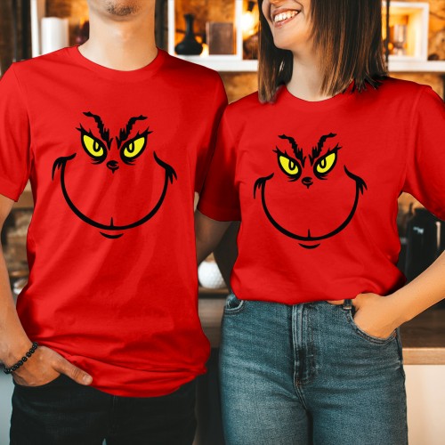 Funny Grinch Holiday Villain Face T Shirt, Whimsical Christmas Grouch Graphic Tee, Sarcastic Smirk Winter Tops, Matching Couples Xmas Gift Present