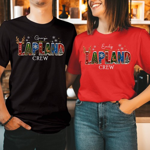 Personalised Lapland Crew Family Matching Christmas Shirt, Custom Snow Caps Reindeer Antlers Tree Pattern Holiday Trip Xmas T-Shirts