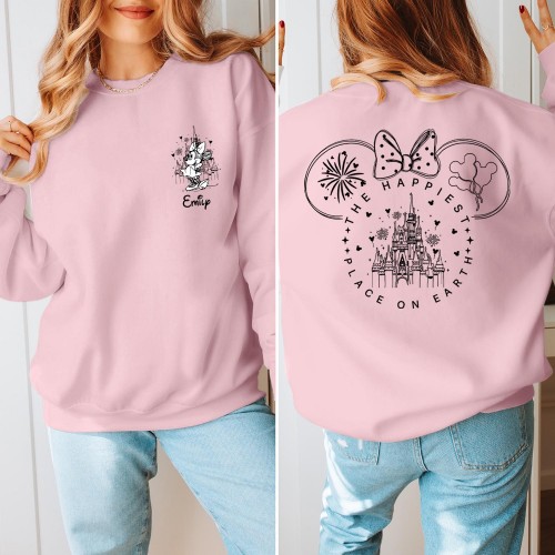 Personalised Mouse Castle Sweatshirt, Happiest Place On Earth XMas Jumper, Custom Name Minnie Magic Castle Top, Disney Family Holiday Sweater