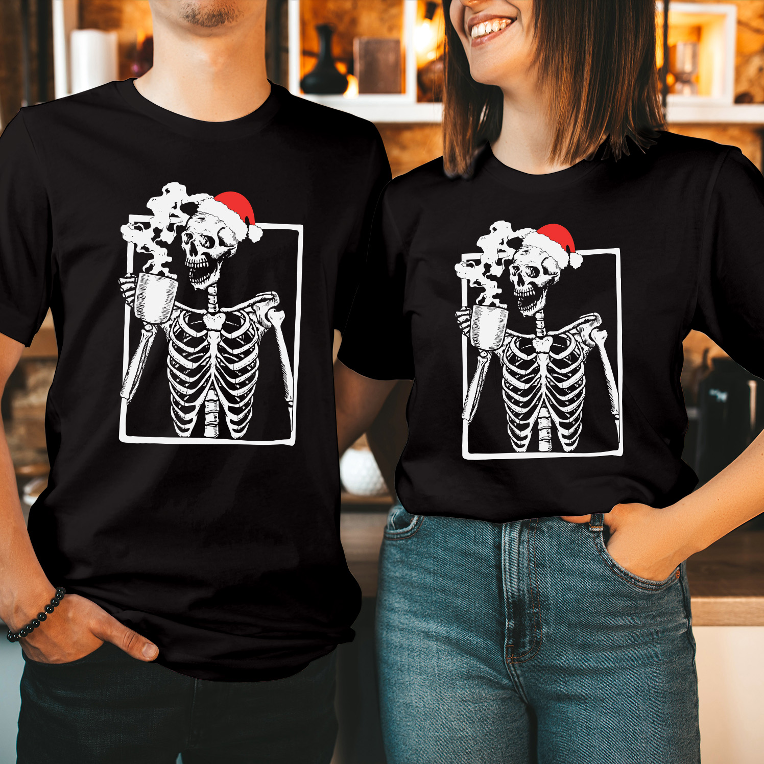 Skeleton Smiling Skull Drinking Coffee Christmas T-Shirt