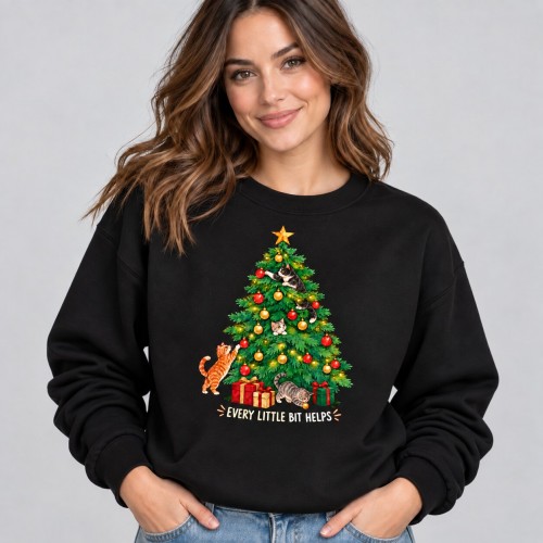Every Little Bit Helps Cats Christmas Tree Sweatshirt | Funny Cat Lover Xmas Jumper, Unisex Winter Fashion Top