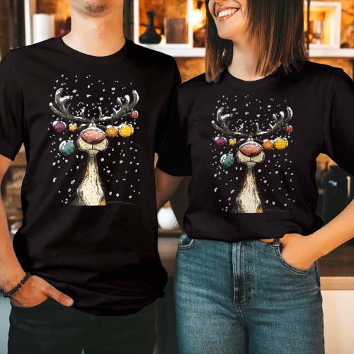 Vintage Reindeer Christmas T Shirt, Sketch Rudolph Holiday Graphic Tee, Retro Whimsical Matching Couples Xmas Festive Novelty Gift Top