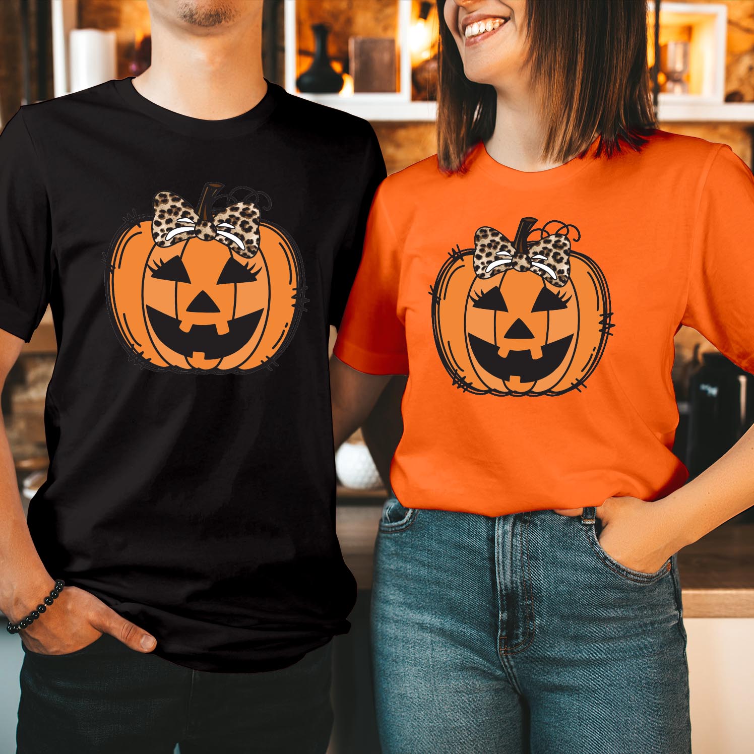 Leopard Bow Pumpkin Face Shirt, Smiling Pumpkin Face, Women's Halloween T-Shirt, Cute Pumpkin Face Shirt, Halloween Party Shirt, Halloween Gift T Shirt