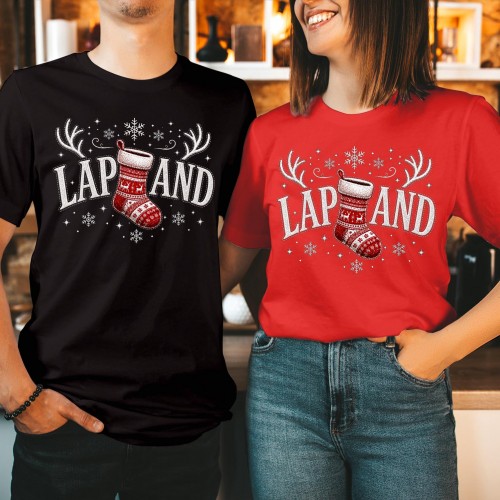 Lapland Family Christmas T-Shirt, Festive Christmas Stocking Reindeer Antlers Snowflake Patterned Holiday Trip Family Matching Tops