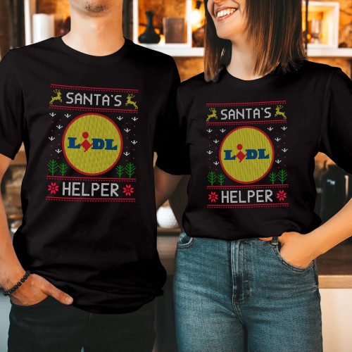 Funny Santa's Lidl Helper Christmas T Shirt, Cute Supermarket Brand Parody Graphic Tee, Witty Matching Couples Family Holiday Gift Present Top