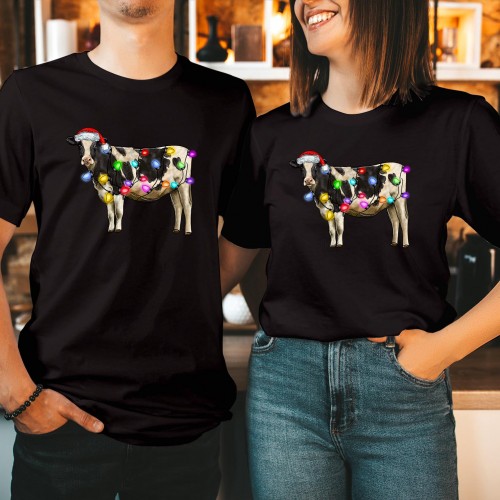 Funny Heifer Cow Christmas Lights T-Shirt | Festive Santa Hat Cow Xmas Tee for Men & Women