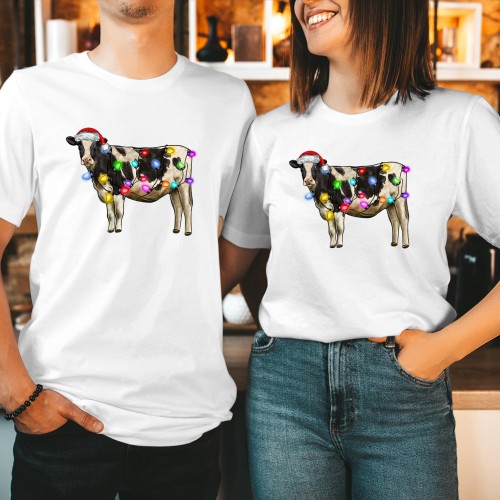 Christmas Cow T Shirt, Funny Heifer Santa Hat Holiday Lights Tee, Matching Couples Western Farmhouse Gift Present Top
