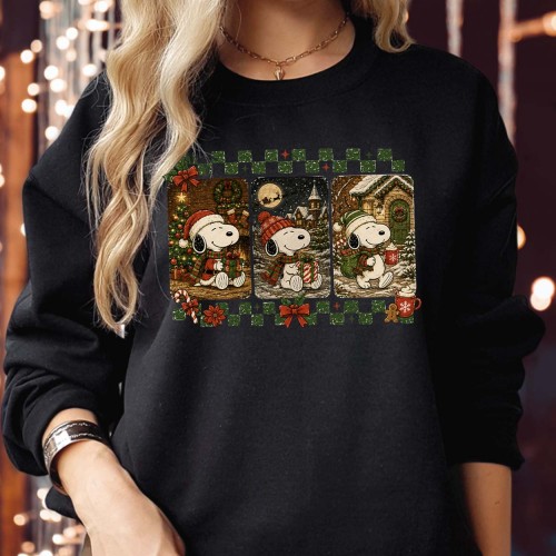 Snoopy Christmas Jumper, Vintage Winter Scenes Peanuts Xmas Sweatshirt, Storybook Holiday Sweater UK Family Gift Pajamas