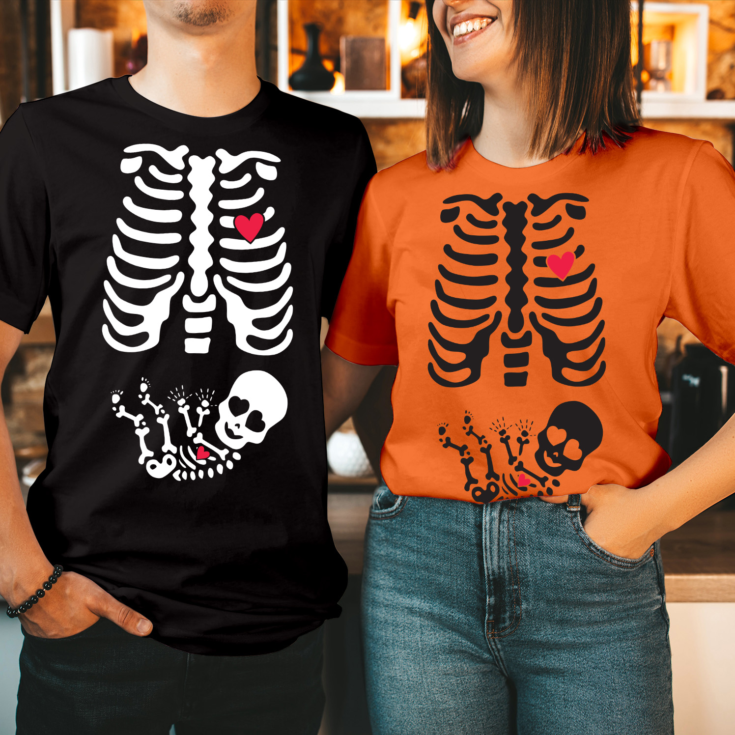 Skeleton Single Baby Couple Matching Halloween Maternity T-Shirt Pregnancy Costume Funny X-Ray Rib Cage Skull Skeletons Women Tops Halloween Costume T Shirt