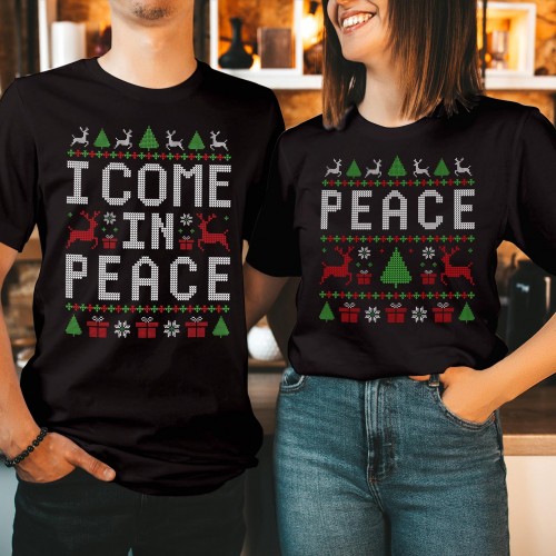 Funny I Come In Peace Christmas T Shirt, Sci Fi Holiday Alien Pun Graphic Tee, Retro Ugly Sweater Style Matching Couples Xmas Novelty Gift Top