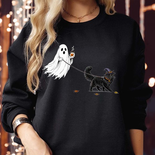 Ghost Walking Black Cat Sweatshirt | Coffee & Pumpkin Spice Halloween Jumper