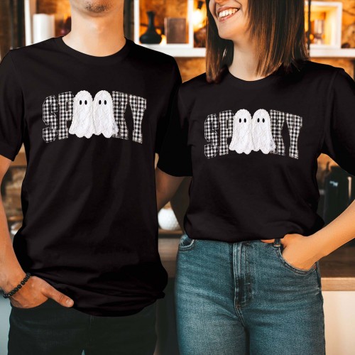 Spooky Ghost Plaid Pattern Patchwork Cute Halloween Unisex Graphic Halloween Celebrations T Shirt