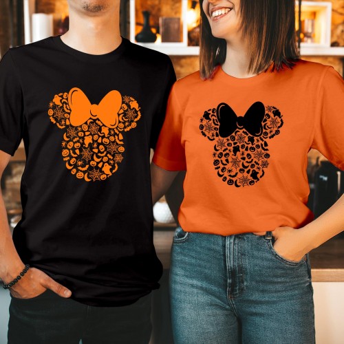 Disney Halloween Mickey Mouse Ears Silhouette T-Shirt, Spooky Icons Pumpkin Bat Spiderweb Tee, Orange Family Matching Party Vacation Group Tops