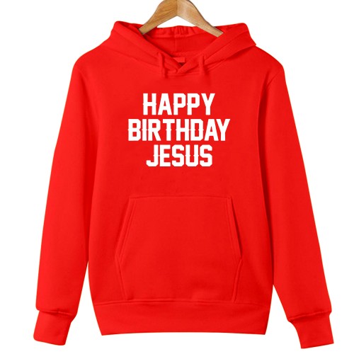Happy Birthday Jesus Christmas Hoodie, Christian Holiday Jumper, Faith Nativity Family Matching Winter Graphic Red Typography Xmas Pullover