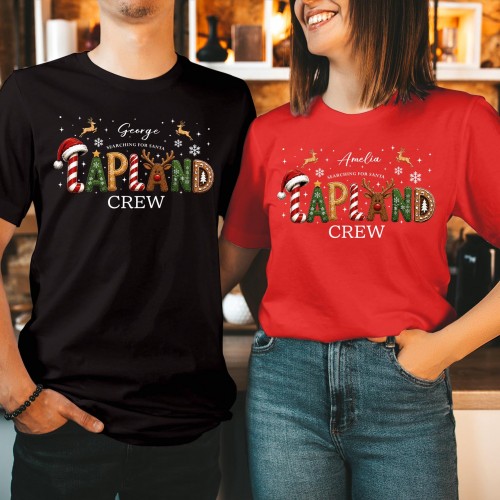 Personalised Lapland Crew Family Matching Christmas Shirt, Custom Gingerbread Cookie Candy Cane Reindeer Holiday Trip Xmas T-Shirts