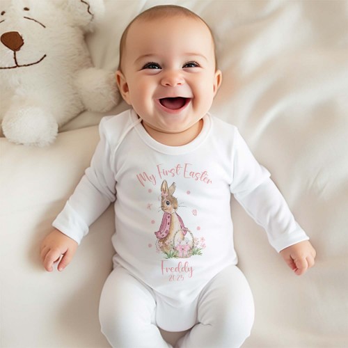 Personalised My First Easter Baby Sleepsuit, Custom Peter Rabbit Babygrow Outfit, Newborn Keepsake Easter Sunday Shirt, Easter Egg Shirt & Baby Tops