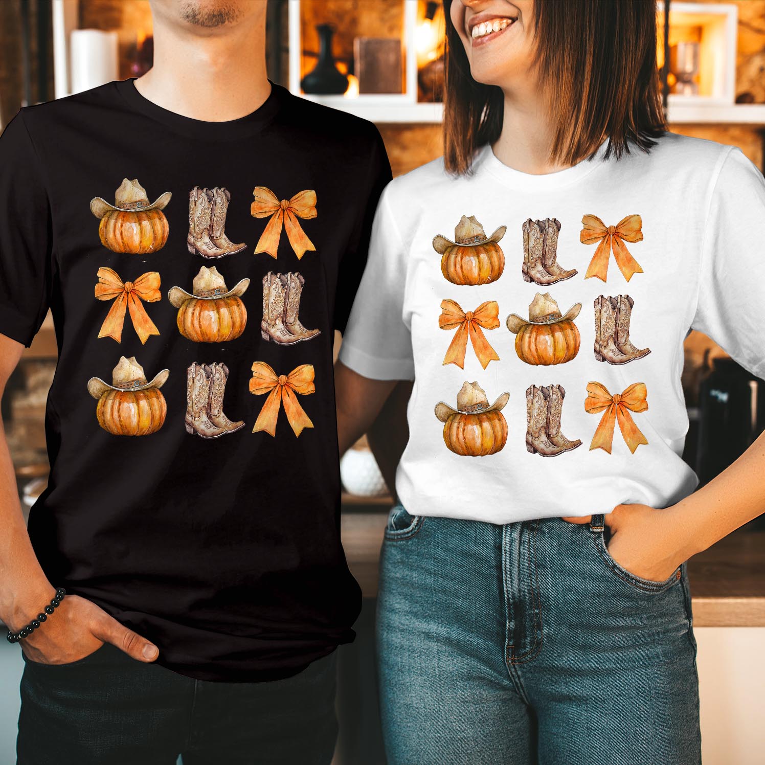 Chic Boots & Pumpkin Coquette Halloween T-Shirt Stylish Halloween Tee Boots and Pumpkin Trendy and Spooky Autumn Parties & Fall Fashion T Shirt