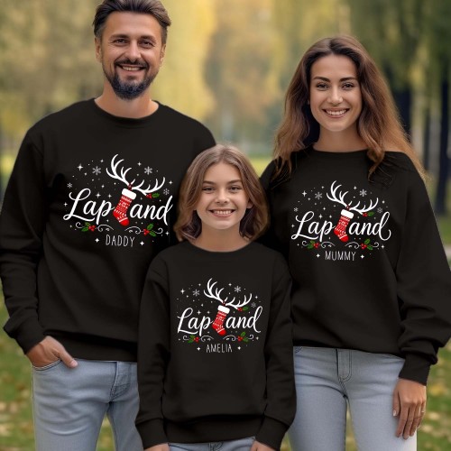 Personalised Lapland 2026 Family Matching Christmas Sweatshirt, Custom Stocking Reindeer Antlers Group Holiday Jumpers, Men Women Kids Unisex Sweater