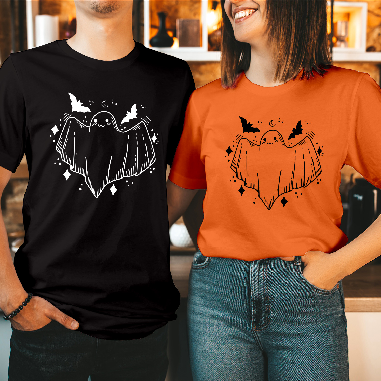 Cute Halloween Ghost Bats T-shirt Spooky Autumn Holiday Graphic Tee Shirt Top Funny Men Women Kids Boo Halloween Costume T Shirt