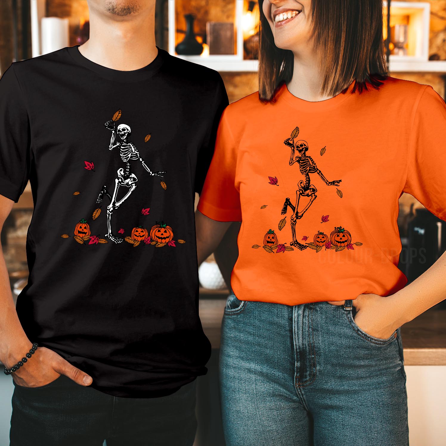 Skeleton Dancing Pumpkin Leaves Halloween T-Shirt Perfect Halloween Teacher Gifts, Spooky Autumn Apparel Festive Celebrations Classroom T Shirt