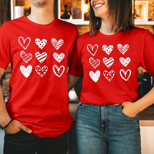 Red Doodle Hearts Matching Couple Shirt - Hand Drawn Graphic Valentine's Day Top - Sweet Anniversary Gift for Men, Women & Lovers