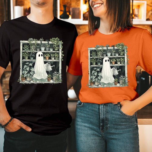 Ghost Plant Lady T-Shirt, Spooky Gardener Shirt, Crazy Plant Lady Halloween Tee, Cute Ghost Watering Plants Top, Botanical Spooky Season Gift