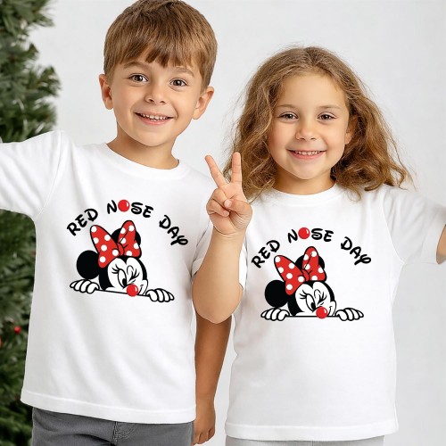 Minnie Mouse Peeking Red Nose Day T-Shirt, Comic Relief T Shirt & Tops, Disney Comic Relief Clothing, Kids & Childrens Red Nose Day Tee
