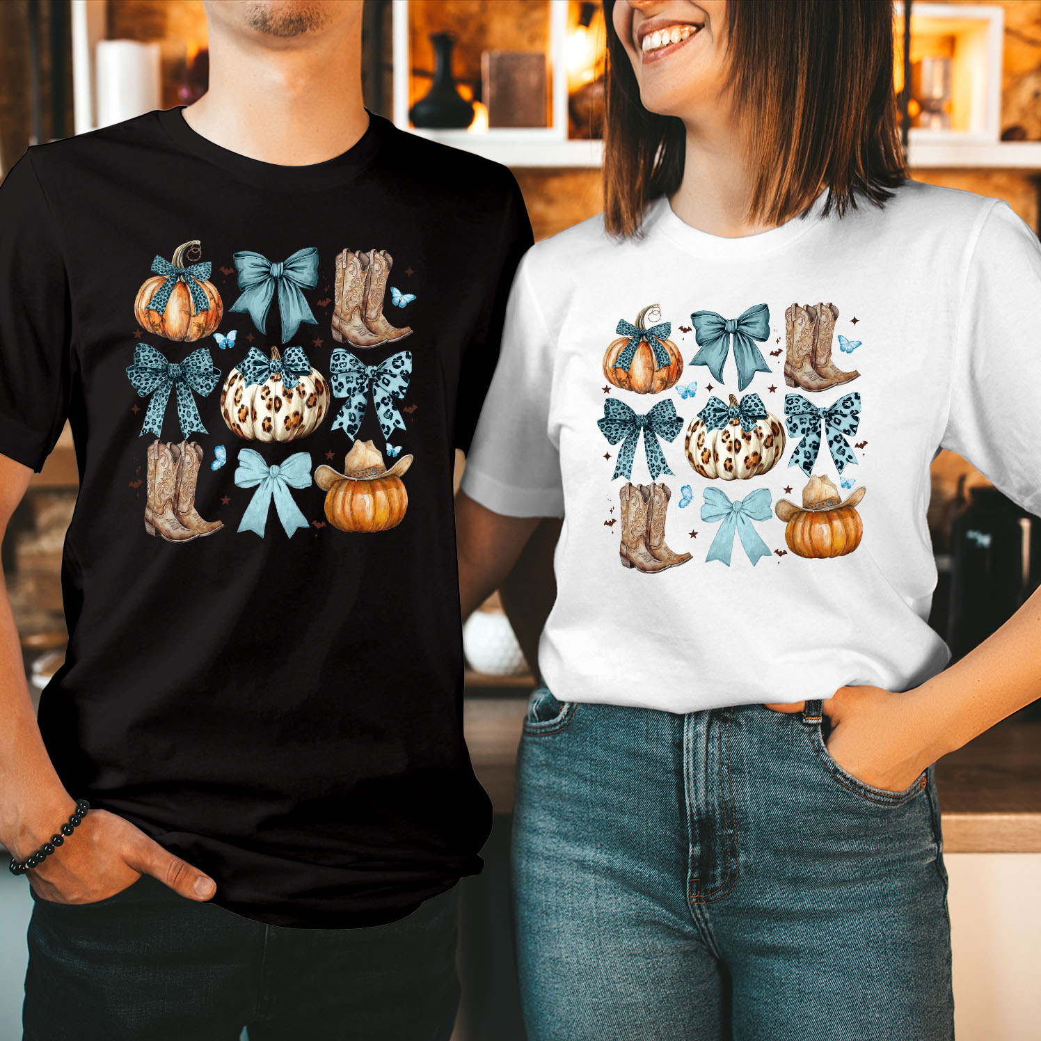 Howdy Fall Western Pumpkin Cowhide coquette Bow , Spooky Season Boo Ghost Witch fall Autumn Thanksgiving Halloween T Shirt