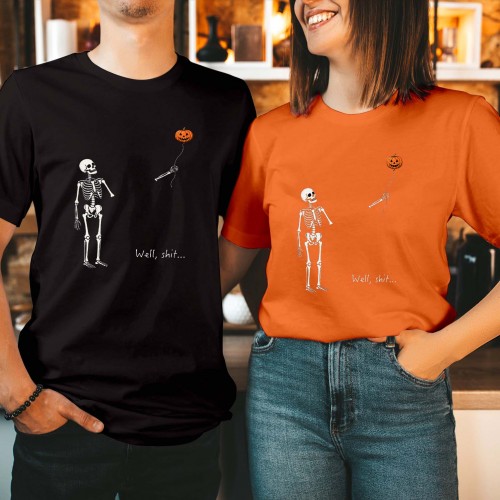 Skeleton Lost Detached Arm Floating Pumpkin Balloon Well Shit Quote Sarcastic Autumn Halloween T-Shirt, Funny Spooky Top, Pumpkin Balloon Tee