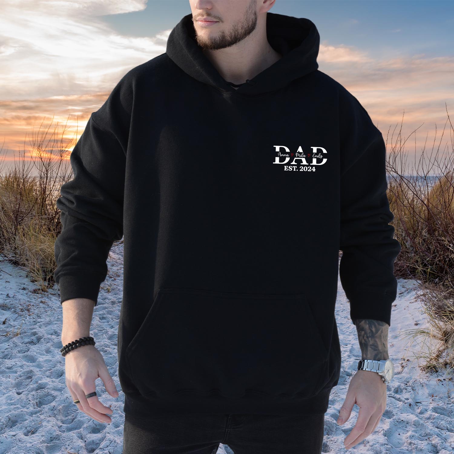 Personalised Dad Est Year Baby Child Custom Names on Sleeve Father's Day Hoodie Daddy Papa Super Dad Birthday Funny Fathers Day Hooded Jackets