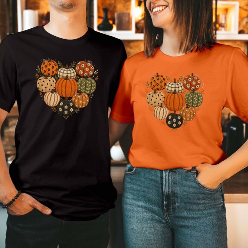 Pumpkin Heart Patterned Gourd T-Shirt, Plaid Floral Leopard Harvest Autumn Shirt, Thanksgiving Pumpkin Patch Tee, Boho Fall Love Heart Gourd Top