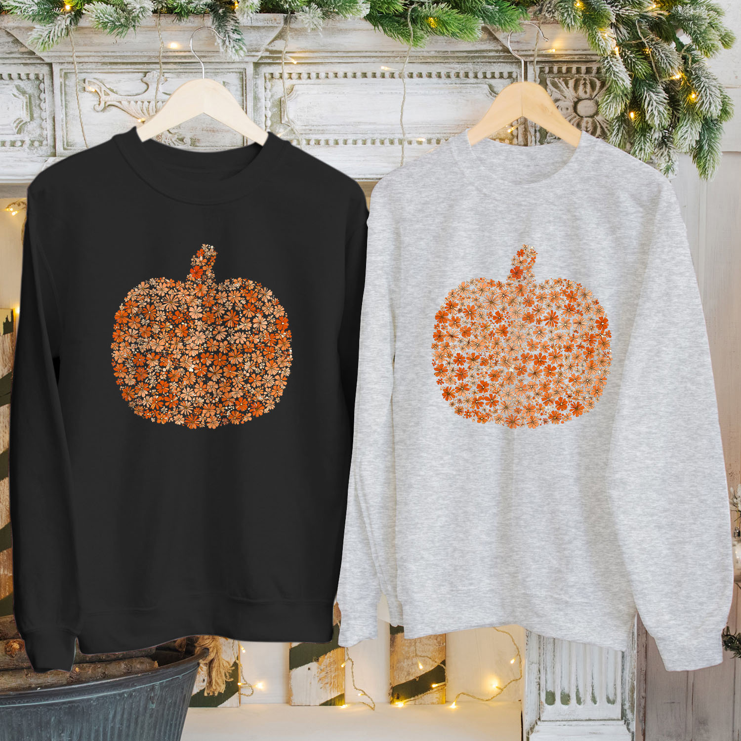 Floral Pumpkin Halloween T-Shirt, Sweatshirt, Hoodie – Unisex Autumn Halloween Outfit for Men, Women, Kid Parties Matching Top