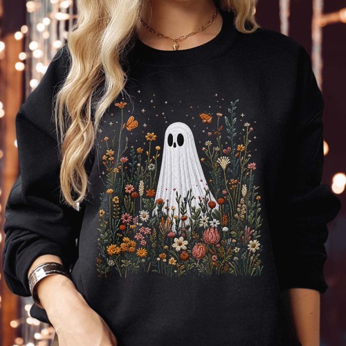 Ghost in Wildflower Meadow Halloween Sweatshirt | Botanical Cottagecore Jumper