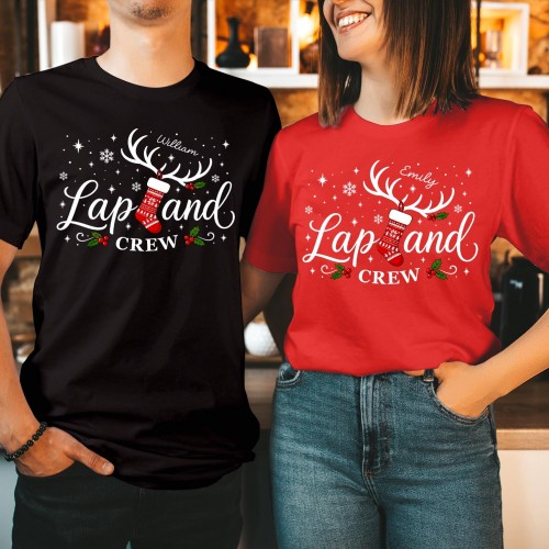 Personalised Lapland Crew Family Matching Christmas Shirt, Custom Red Fair Isle Stocking Reindeer Antlers Holly Holiday Trip Xmas T-Shirts