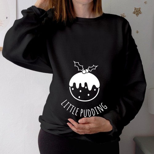 LITTLE PUDDING Maternity Christmas Sweatshirt, Pregnancy Baby Mum to Be Jumper, Funny Xmas New Mom Women's Sweater