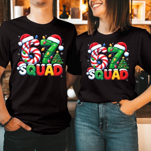 Funny Six Seven SQUAD Christmas T Shirt, Candy Cane Holiday Meme Graphic Tee, Trending Number 67 Matching Group Xmas Family Novelty Gift Top