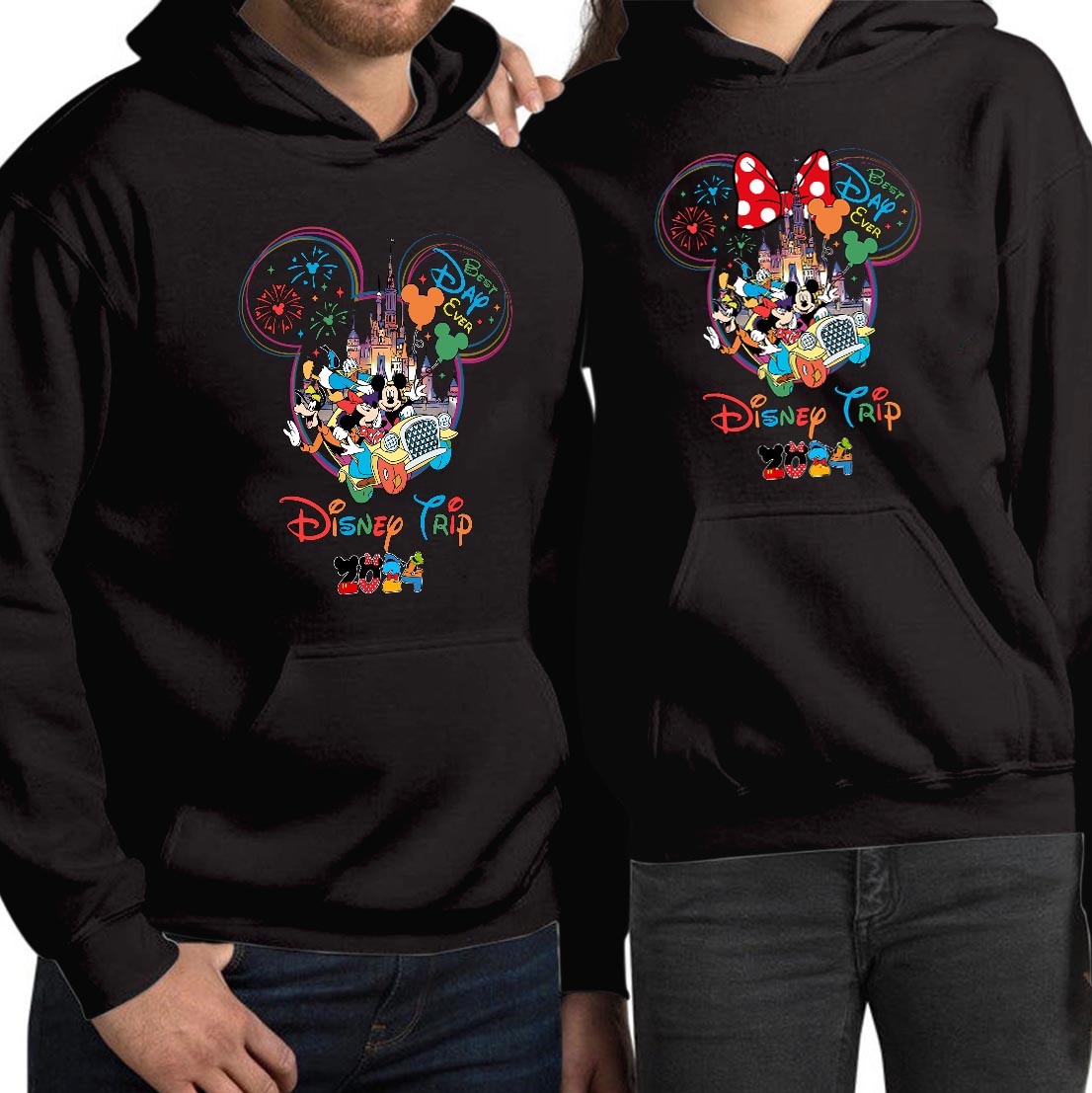 Personalised Disney Mickey Minnie Mouse Trip 2024 Family Holiday Hoodie, Summer Vacation Tops Minnie Mickey  & Friends Disneyland Tour Matching Hooded Jacket