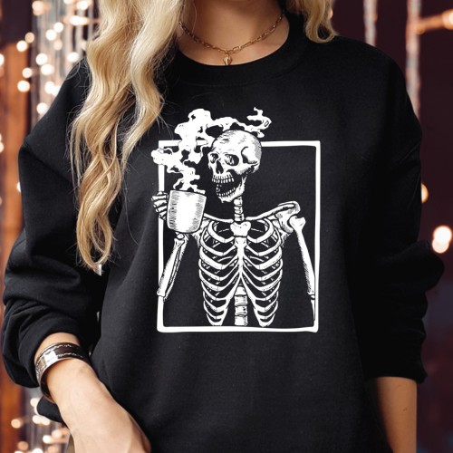 SWEATSHIRT (1746) Skeleton Drinking Hot Coffee
