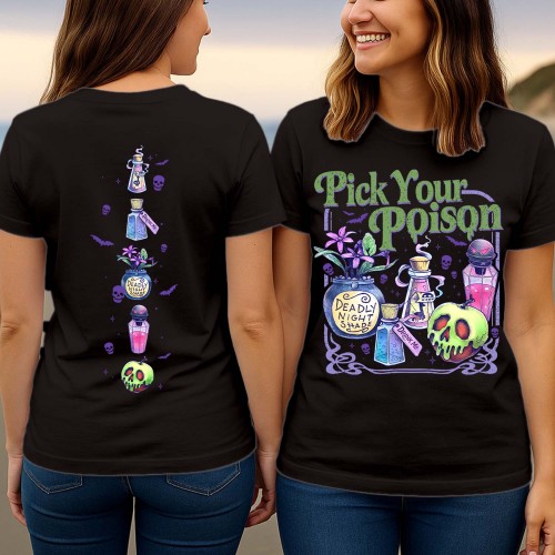 Pick Your Poison T-Shirt , Front Back Print Halloween Shirt, Potion Bottles Deadly Nightshade Apple Autumn Top