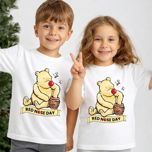 Disney Winnie the Pooh Red Nose Day T-Shirt, Pooh Bear & Friends Character Charity Clothing, Official Comic Relief T Shirt & Tops, Kids & Childrens Red Nose Day Tee