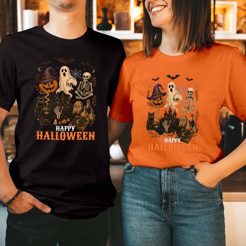Haunted House Ghost Skeleton Pumpkin Black Cat Spellbook Vintage Autumn Halloween T-Shirt, Spooky Season Top, Retro Happy Halloween Tee