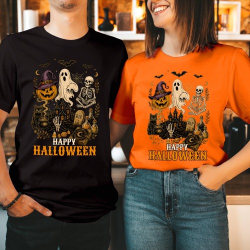 Haunted House Ghost Skeleton Pumpkin Black Cat Spellbook Vintage Autumn Halloween T-Shirt, Spooky Season Top, Retro Happy Halloween Tee